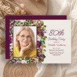 Purple Pink Floral 80th Birthday Photo Invitation<br><div class="desc">Elegant plum purple and pink vintage watercolor floral and greenery birthday party photo invitation for women. This invitation is designed for a 75th birthday but can be customized for anyone of any age. Contact me for assistance with your customizations or to request additional matching or coordinating Zazzle products for your...</div>