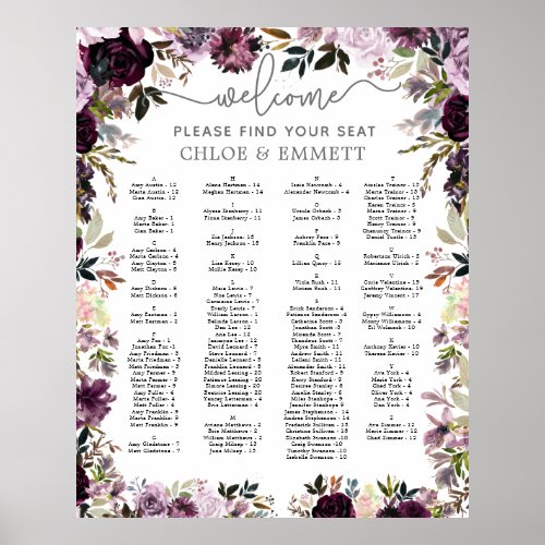  Purple Pink Floral Alphabetical Seating Chart