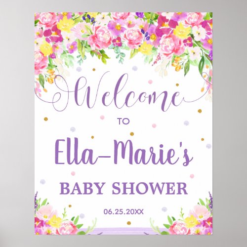 Purple Pink Floral Baby Shower Birthday Welcome Poster