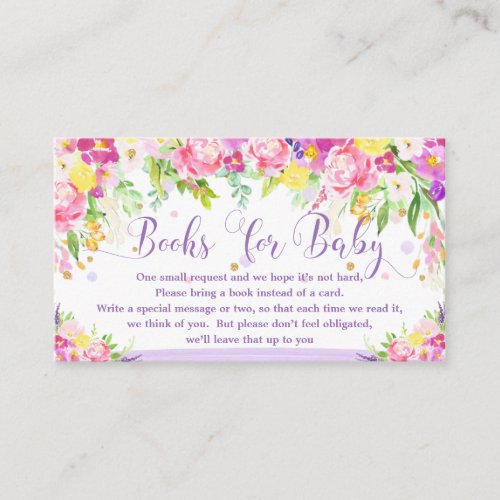 Purple Pink Floral Baby Shower Girl Bring a Book Enclosure Card
