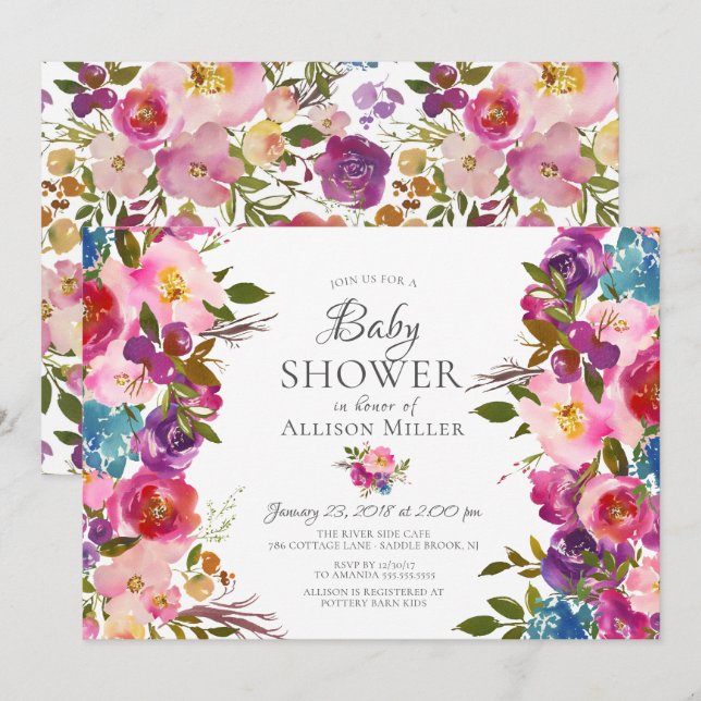 Purple Pink Floral BABY Shower Invitations (Front/Back)