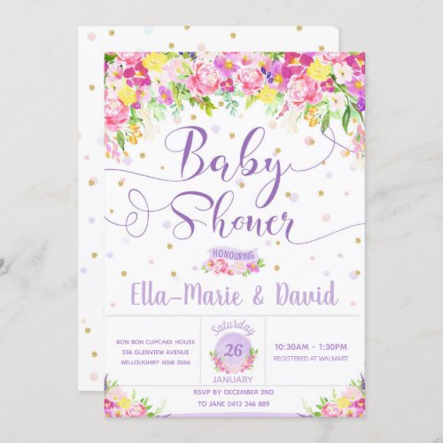 Purple Pink Floral Baby Shower Invitations Girl