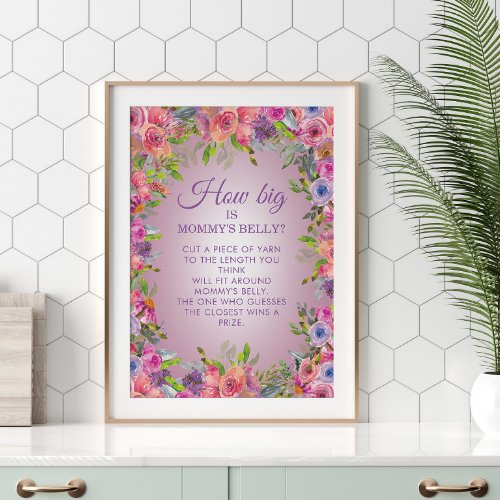 Purple Pink Floral Baby Shower Mommys Belly Game Poster