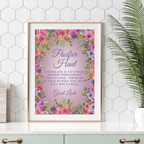 Purple Pink Floral Baby Shower Pacifier Hunt Game  Poster