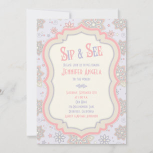 Purple Pink Floral Baby Shower Sip and See Invitation