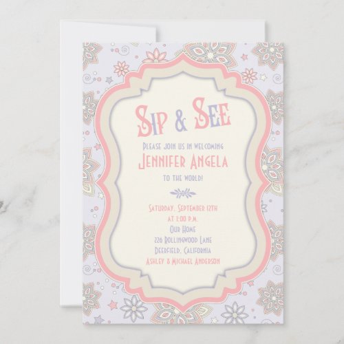 Purple Pink Floral Baby Shower Sip and See Personalized Invites
