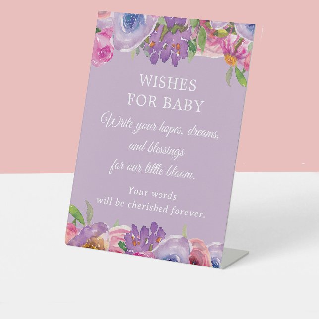 Purple Pink Floral Baby Shower Wishes for Baby Pedestal Sign (Purple and pink watercolor floral "Little bloom" baby shower Wishes for baby sign)