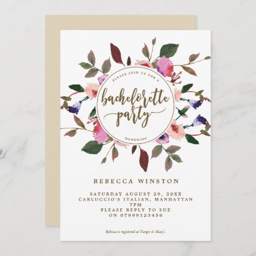 purple pink floral bachelorette party invite