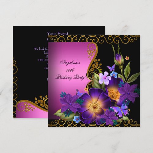 Purple Pink Floral Black Gold Birthday Party Announcements
