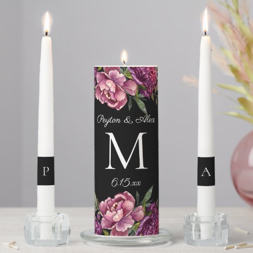 Purple Pink Floral Black Monogram Wedding  Unity Candle Set