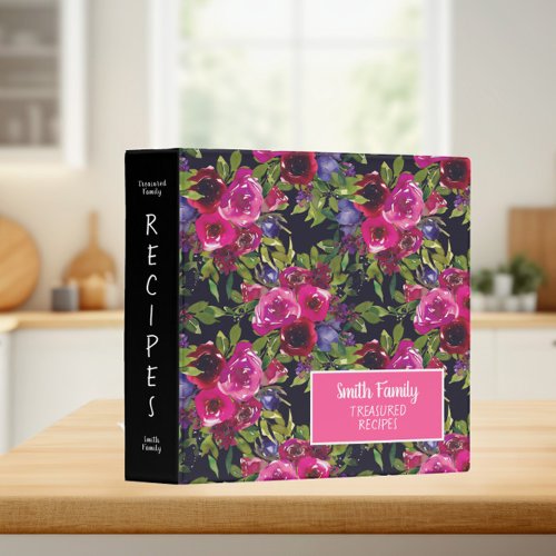 Purple Pink Floral Black Treasured Family Recipes 3 Ring Binder