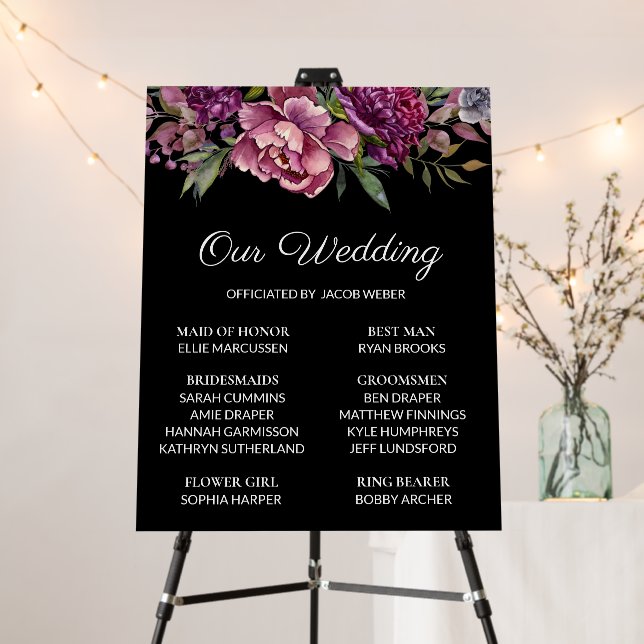 Purple Pink Floral Black Wedding Party   Foam Board (In Situ (Stand))