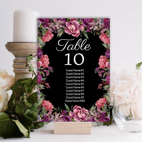 Purple Pink Floral Black Wedding Table Number