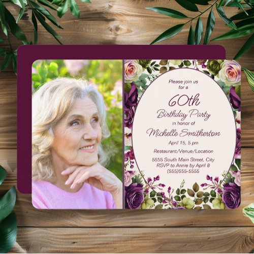 Purple Pink Floral Botanical 60th Birthday Photo Invitation