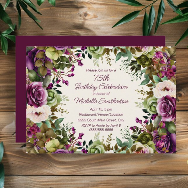 Purple Pink Floral Botanical 75th Birthday Invitation (Elegant purple watercolor floral 75th birthday party invitation)