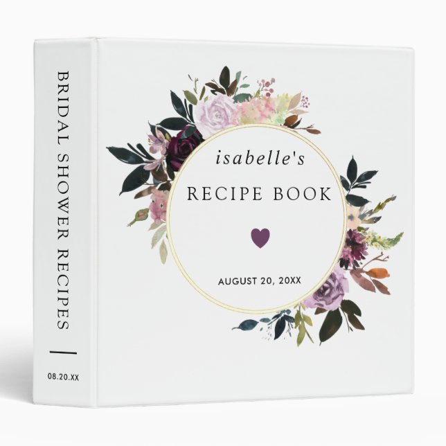 Purple Pink Floral Bridal Shower Recipe Book 3 Ring Binder (Front/Spine)