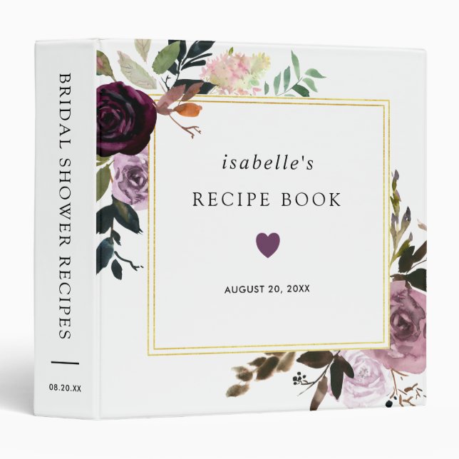 Purple Pink Floral Bridal Shower Recipe Book 3 Ring Binder (Front/Spine)