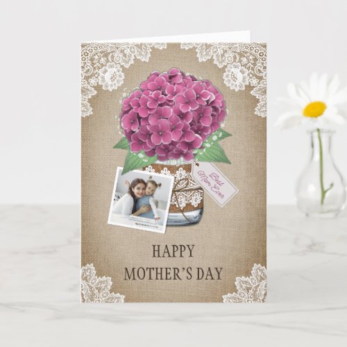 Purple Pink Floral Burlap Photo Mothers Day Card