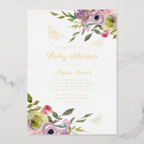 Purple Pink Floral Butterflies Gold Foil Baby Foil Invitation