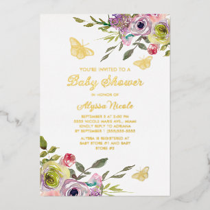 Purple Pink Floral Butterflies Gold Foil Baby Invitation