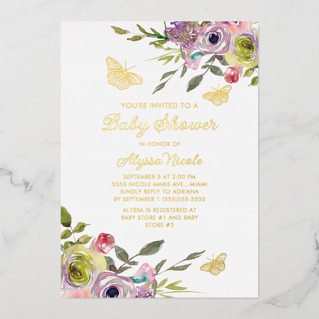 Purple Pink Floral Butterflies Gold Foil Baby Invitation (Front)