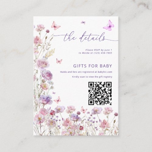 Purple Pink Floral Butterfly Baby Shower DETAILS Enclosure Card