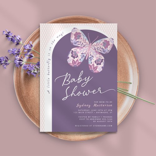 Purple Pink Floral Butterfly Baby Shower Invitation