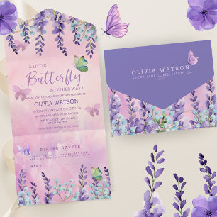 Purple Pink Floral Butterfly Girl Baby Shower All In One Invitation
