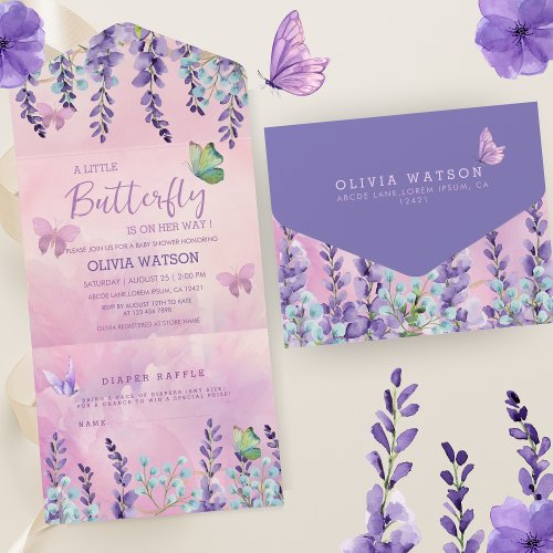 Purple Pink Floral Butterfly Girl Baby Shower  All In One Invitation