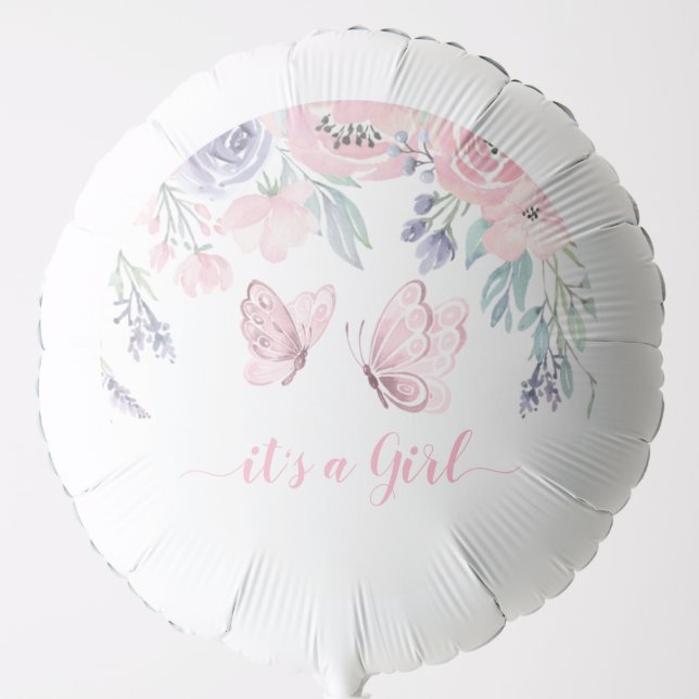 Purple Pink Floral Butterfly Girl Baby Shower Balloon (Front)