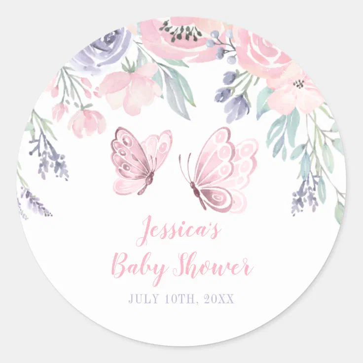 Purple Pink Floral Butterfly Girl Baby Shower Classic Round Sticker ...