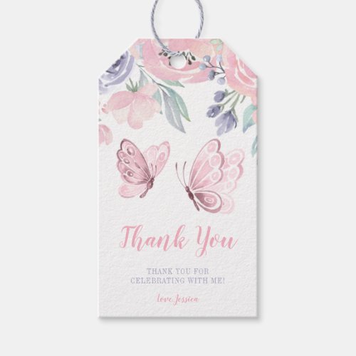 Purple Pink Floral Butterfly Girl Baby Shower Gift Tags