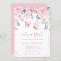 Purple Pink Floral Butterfly Girl Baby Shower Invitation