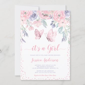 Purple Pink Floral Butterfly Girl Baby Shower Invitation | Zazzle