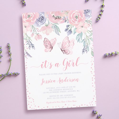Purple Pink Floral Butterfly Girl Baby Shower Invitation