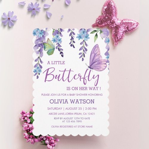 Purple Pink Floral Butterfly Girl Baby Shower  Invitation