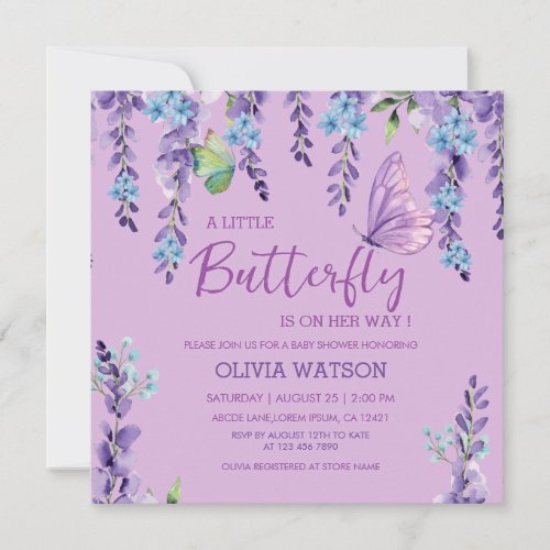 Purple Pink Floral Butterfly Girl Baby Shower  Invitation