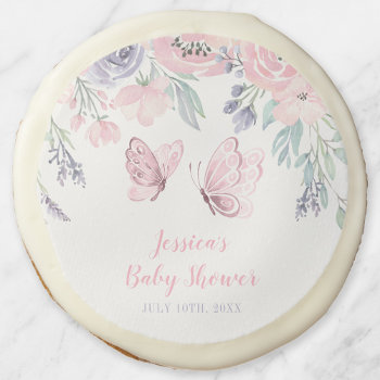 Purple Pink Floral Butterfly Girl Baby Shower Sugar Cookie by printcreekstudio at Zazzle