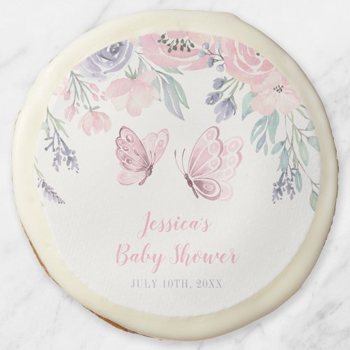 Purple Pink Floral Butterfly Girl Baby Shower Sugar Cookie