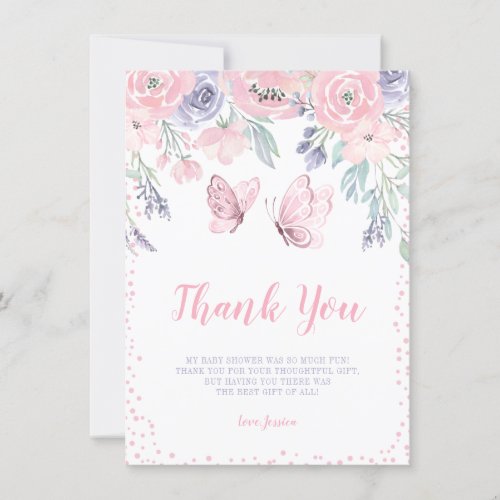 Purple Pink Floral Butterfly Girl Baby Shower Thank You Card
