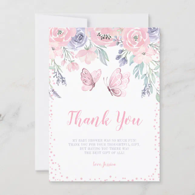 Purple Pink Floral Butterfly Girl Baby Shower Thank You Card | Zazzle