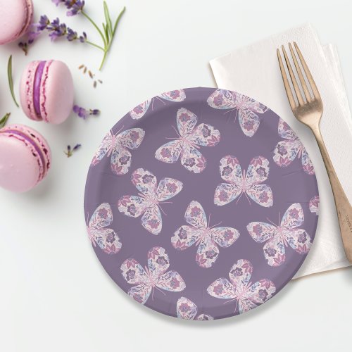 Purple Pink Floral Butterfly Patterned Baby Shower Paper Plates