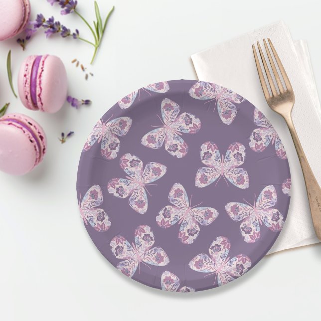 Purple Pink Floral Butterfly Patterned Baby Shower Paper Plates (Shown on a 7" round paper plate)