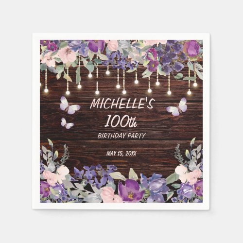 Purple Pink Floral Butterfly Rustic 100th Birthday Napkins