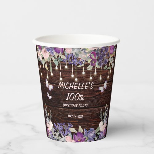 Purple Pink Floral Butterfly Rustic 100th Birthday Paper Cups