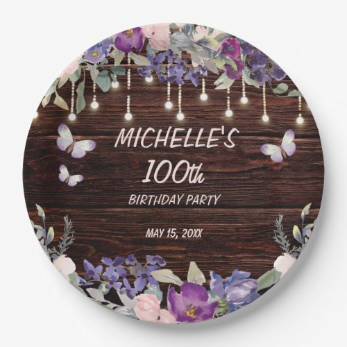 Purple Pink Floral Butterfly Rustic 100th Birthday Paper Plates