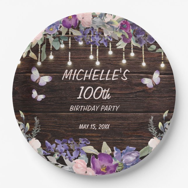 Purple Pink Floral Butterfly Rustic 100th Birthday Paper Plates (Front)