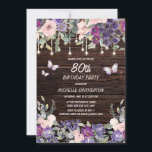 Purple Pink Floral Butterfly Rustic 80th Birthday  Invitation<br><div class="desc">80th birthday party invitation for women with a rustic dark brown barn wood background and twinkling string lights and decorated with pink,  lilac,  and purple watercolor floral and butterflies.  Contact me for assistance with your customizations or to request additional matching or coordinating Zazzle products for your party.</div>