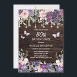 Purple Pink Floral Butterfly Rustic 80th Birthday  Invitation<br><div class="desc">80th birthday party invitation for women with a rustic dark brown barn wood background and twinkling string lights and decorated with pink,  lilac,  and purple watercolor floral and butterflies.  Contact me for assistance with your customizations or to request additional matching or coordinating Zazzle products for your party.</div>