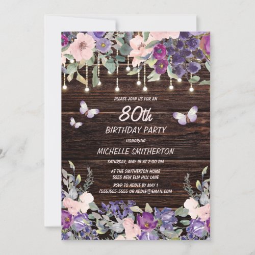 Purple Pink Floral Butterfly Rustic 80th Birthday  Invitation
